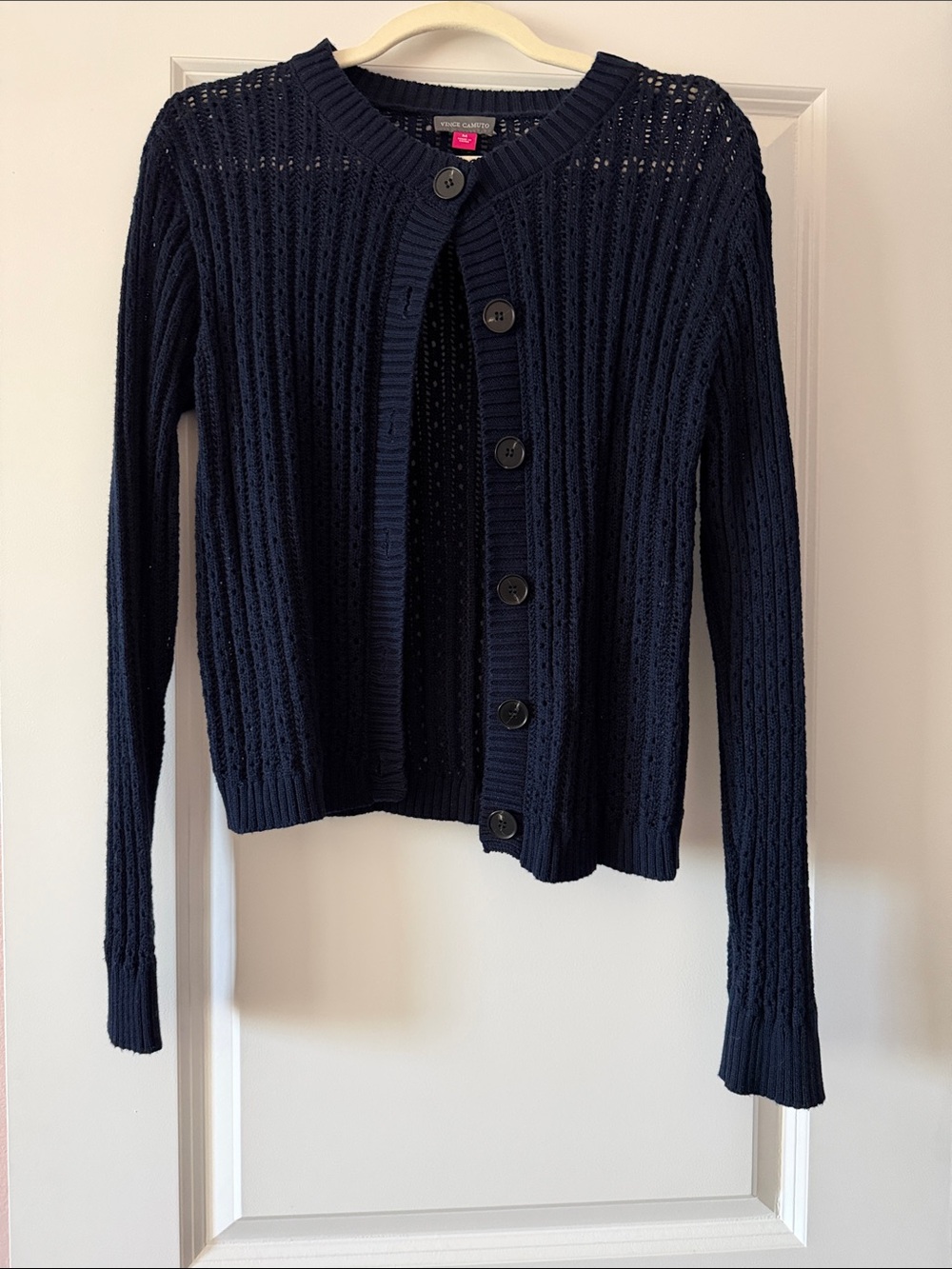 Vince Camuto Navy Open-Knit Button Front Cardigan
